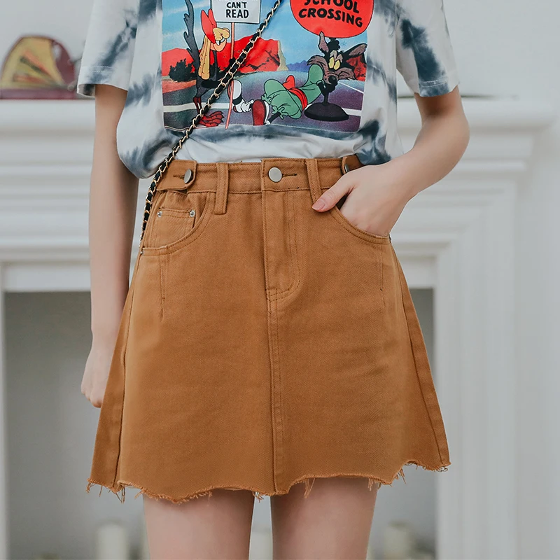

summer solid color denim Women's skirt casual korean jean high waist skirt irregular hem a-line mini skirts woman fashion 2019