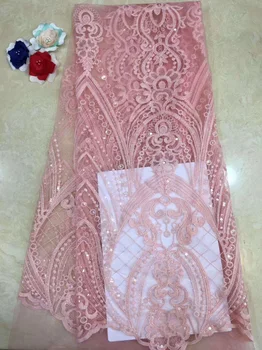 

(5yards/pc) pink French net lace fashion African tulle lace fabric with embroidery and sequins for making dress FZZ054