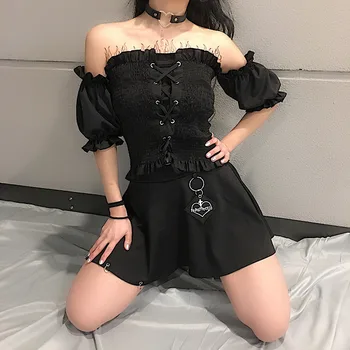 

Women's Black/White Sexy Off the Shoulder Lace-up Smocking Top for Summer
