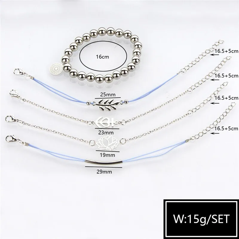 LUSION Trendy Bohemian Leaf Lotus Circle Fistula Bracelet Sets For Women Fashion MultiLayer Charm Bangles Female New 5Pcs/set