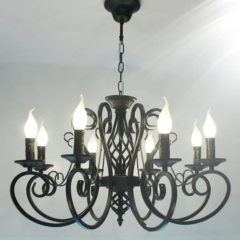 Led Lamps Indoor Candle Chandelier Wrought Iron Black European