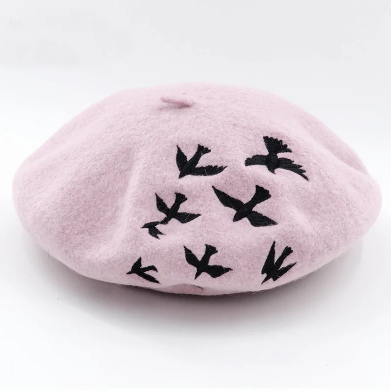 Winter hats for women Berets Knitted wool beret mujer Embroidered Swallows Pattern Berets Hats Baret Warm Caps Boina Feminina 4