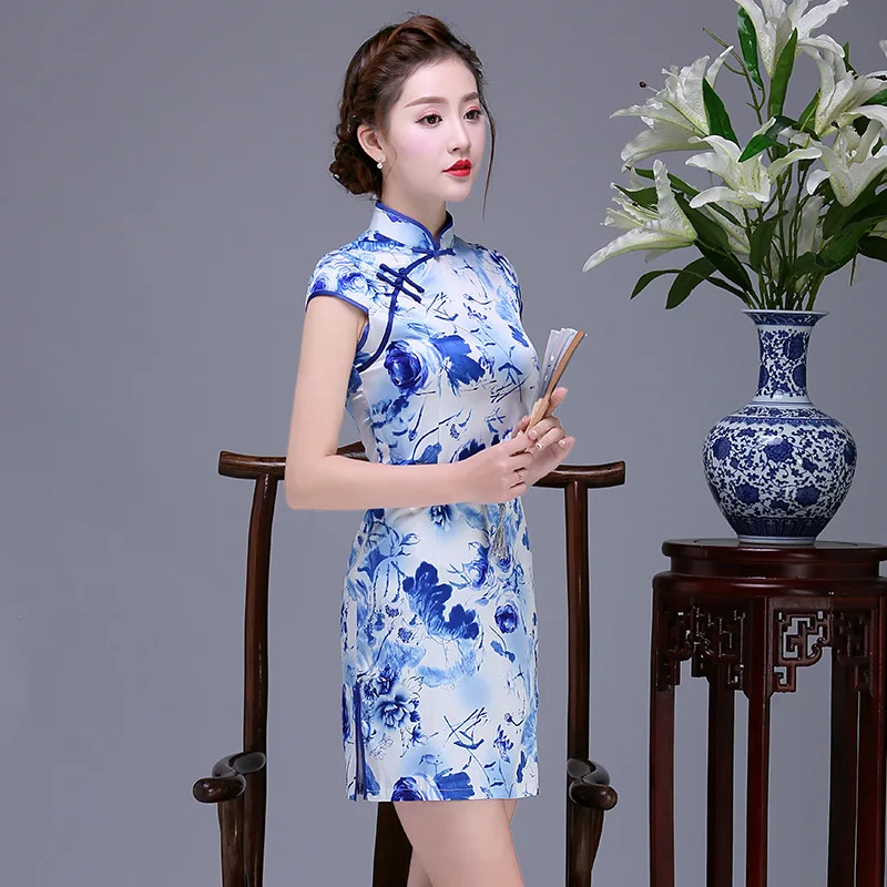 Китайский атласное платье Для женщин Мини Cheongsam Размеры S до 2XL