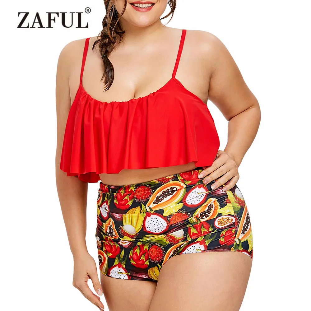 Zaful Plus Size Fruit Print Flounce Women Swimsuit High Waisted Swimwear Summer Tankini Fruit