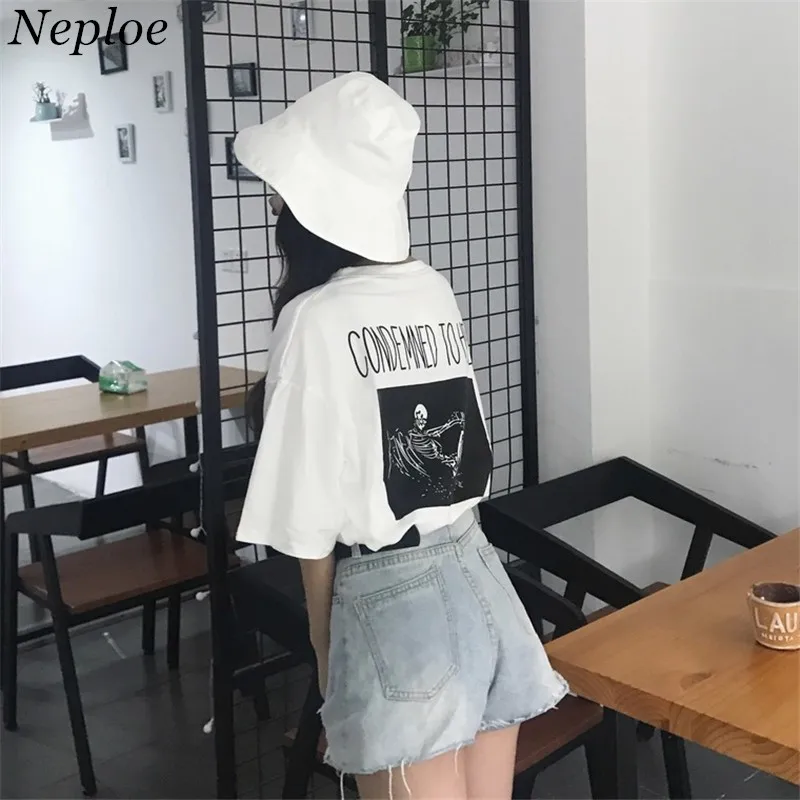 

Neploe Korean Back Letter Printed Women T shirt Fashion Casual Short Sleeve T-shirts Loose O-neck White Cotton Tops 41979