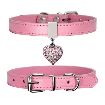 Leather Dog Cat Collar Adjustable Puppy Kitten Rhinestone Neck Collars Lead With Bling Heart For