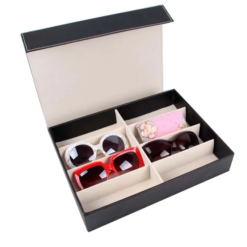 Leather Eyeglass Sunglasses Display Case Storage Box Tray Hold For 8