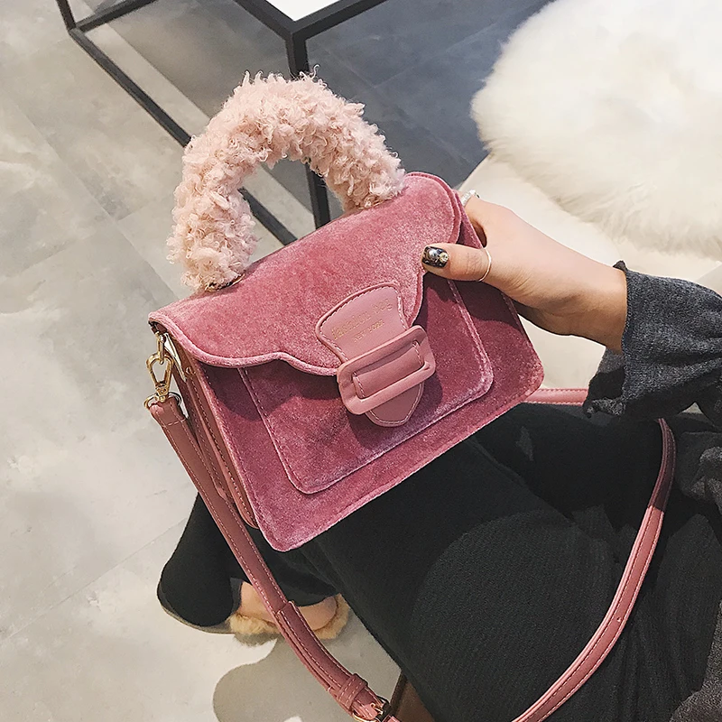 

European style Women Tote bag 2017 New Fashion Handbags High-quality Velvet Square bag Stitching Plush Portable Shoulder bag