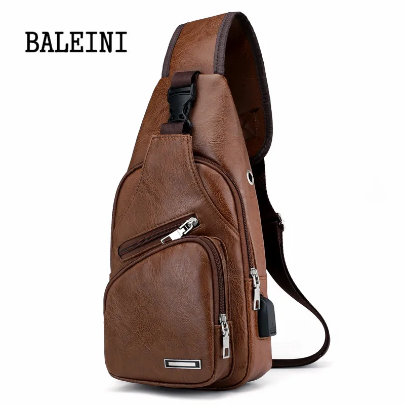 Мужские сумки через плечо, Мужская нагрудная сумка с USB, дизайнерская сумка-мессенджер, кожаные сумки через плечо, диагональная упаковка, новинка, рюкзак для путешествий - Цвет: Светло-коричневый