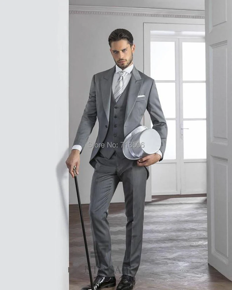 Light Grey Mens Suits 2015 Hot Peaked Lapel Tuxedos one button mens wedding suits cheap Grooms Suits three piece suit(Jacket Pant Vest).jpg