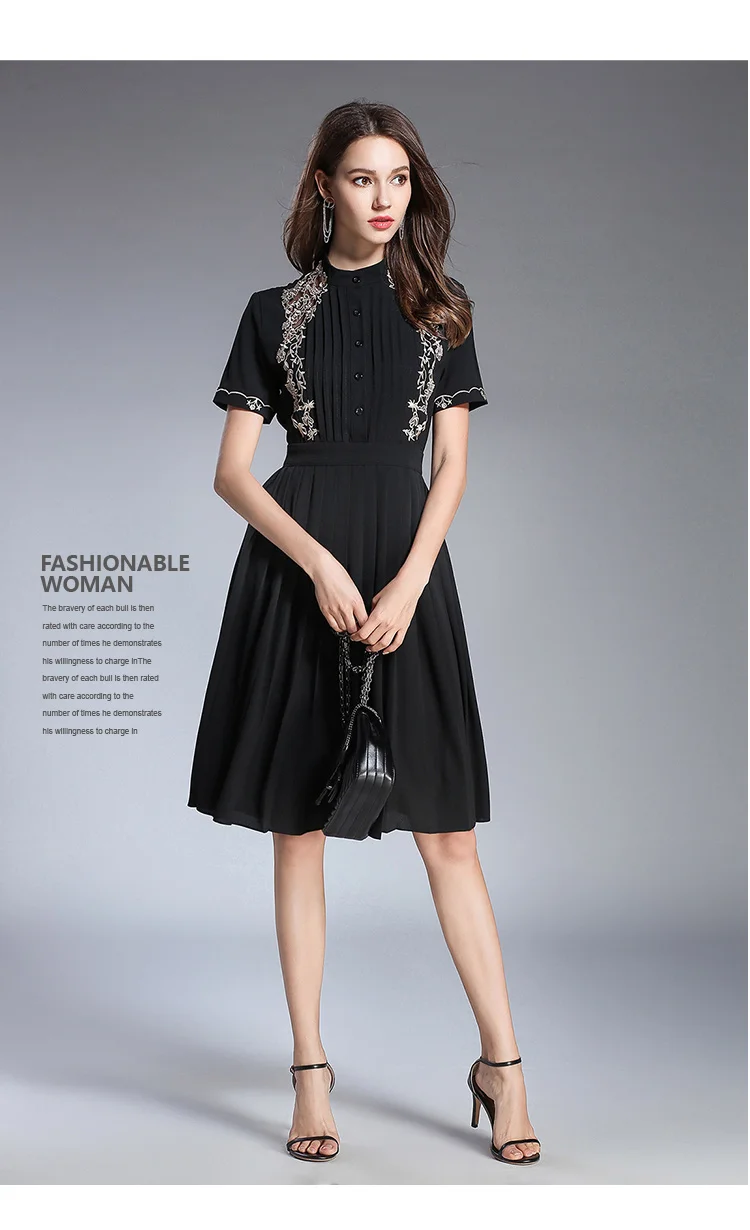 HAMALIEL летний Для женщин плиссированное платье дизайнерские черные шифоновые радиобрелок рукав Повседневное платье с воротником-стойкой