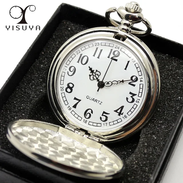 Smooth Black/Silver Case Quartz Pocket Watch Full Hunter Gift Box Women Men Fob Smooth Black/Silver Case Quartz Pocket Watch Full Hunter Gift Box Women Men Fob