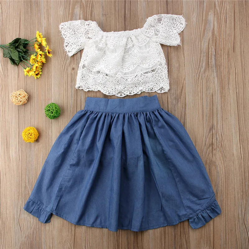Toddler Kids Baby Girl Hollow Ruffle Off Shoulder Lace Mini Dress White Summer Outfit