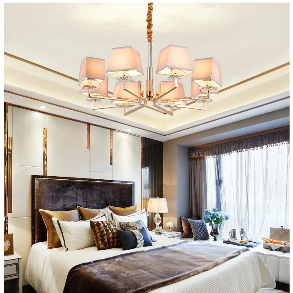 

8Lights LED Chandeliers Gold-plated stainless steel led lamp fabric lampshades Contemporary dinning room led Hanging Light