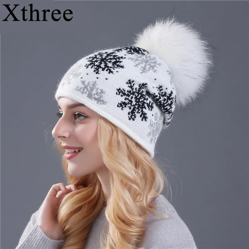 Koop XTHREE real mink pom poms wol konijnenbont gebreide muts Skullies winter hoed voor vrouwen meisjes hoed feminino mutsen hoed