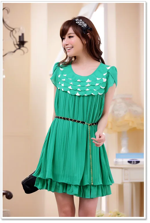 

2019 plus size XXXL Korean design ruffles summer dress with belt O neck women chiffion dress casual orange/green