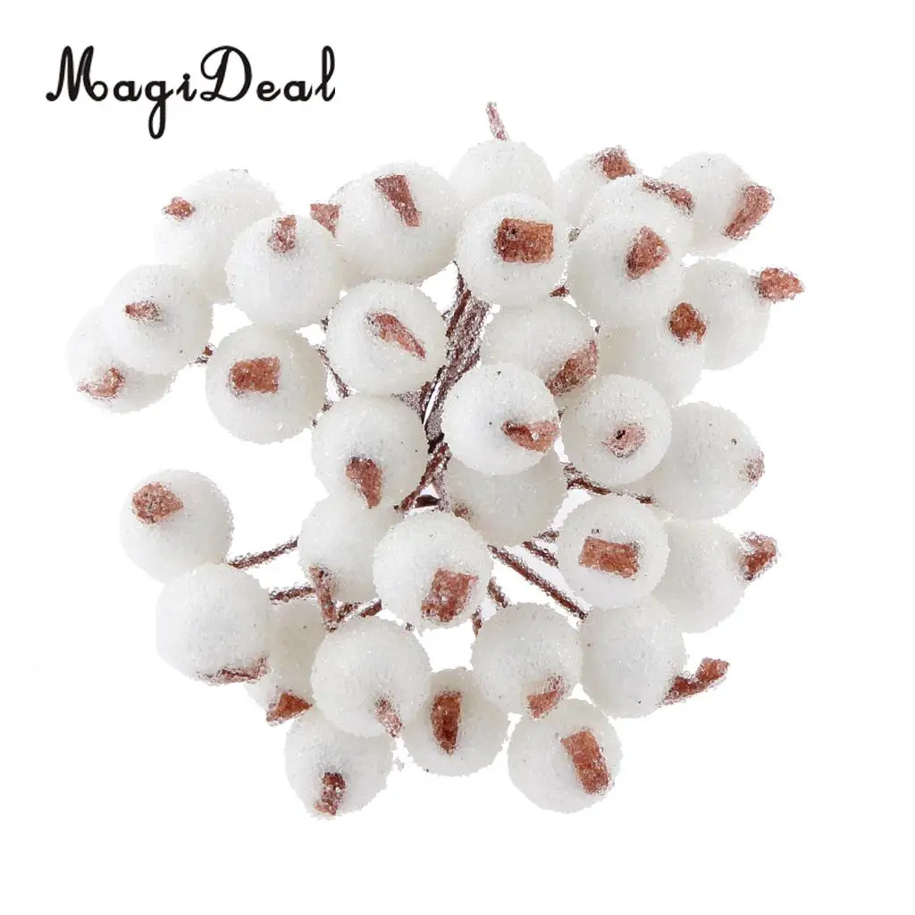 MagiDeal Fake Flowers 200x Mini Christmas Frosted Fruit Berry Holly Artificial Flower Decor for Christmas Tree Decoration White