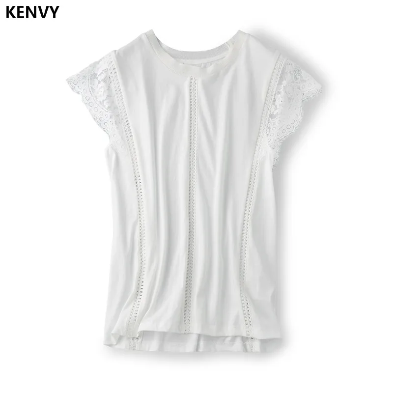 KENVY бренд Модные женские туфли высокого класса люкс летняя хлопковая белая кружевная футболка с короткими рукавами футболки