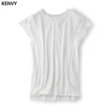 KENVY бренд Модные женские туфли высокого класса люкс летняя хлопковая белая кружевная футболка с короткими рукавами футболки