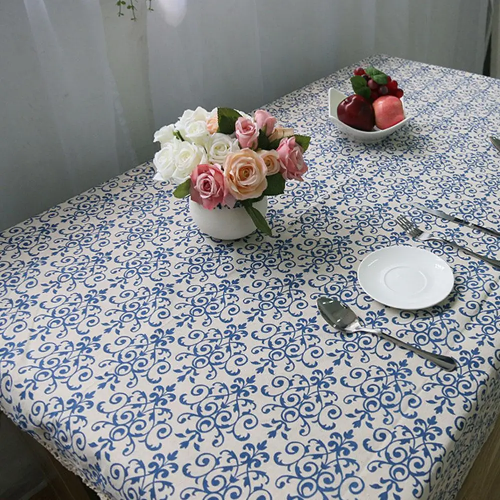 Adeeing Ретро голубой и белый фарфор скатерть с кружевом из хлопка и льна покрытие стола для обеденный Home Decor