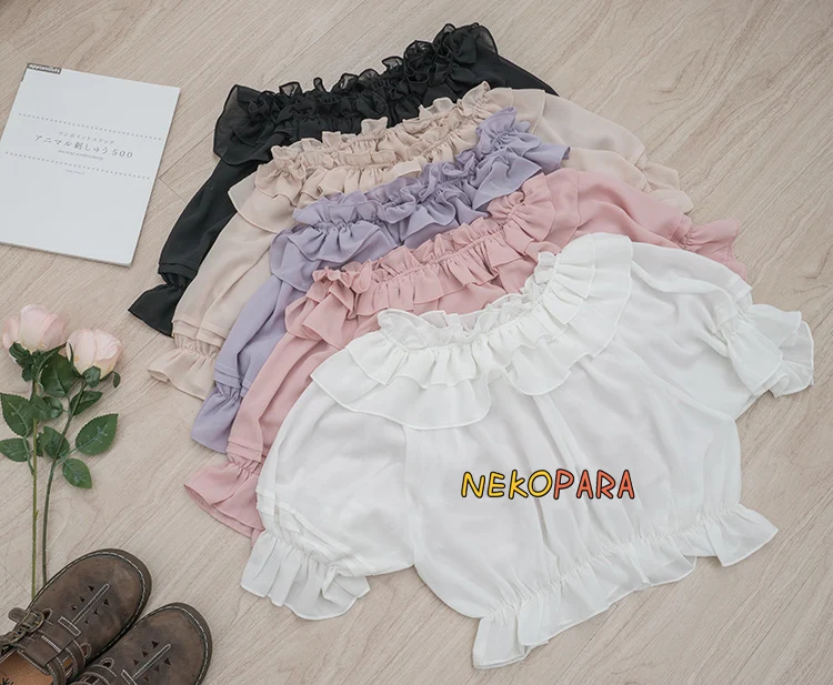 

Cute Women's Lolita Chiffon Inner Shirt Short Sleeve Stringy Selvedge Trim Blouses Slash Neck Daily, Comfortable 4 Colors