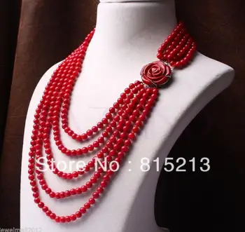 

6-7mm red coral bead beaded multi 5 row carved rose flower necklace