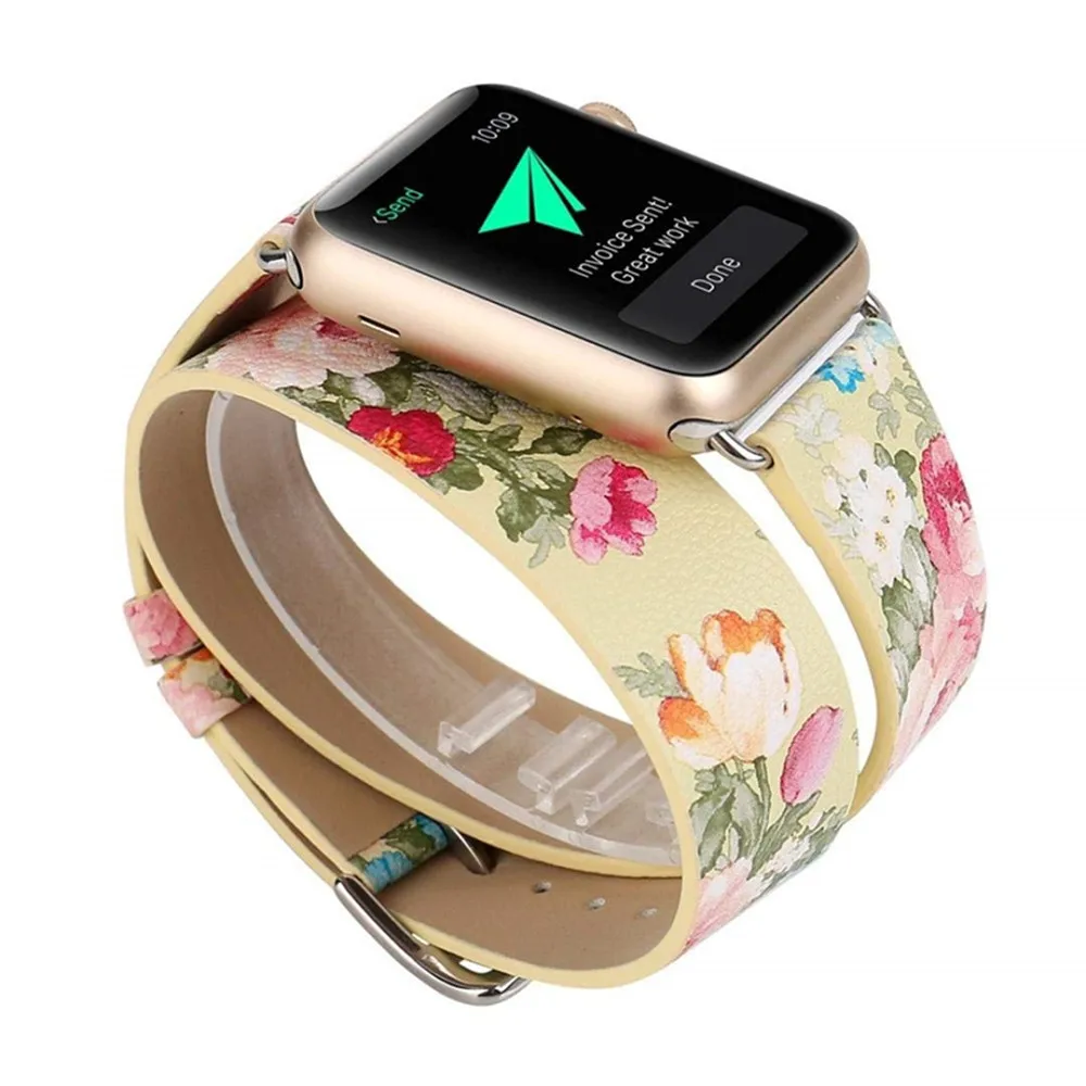 

leather double tour strap for apple watch bands 42mm 38mm iwatch 4 3 2 1 watchband Ink painting peony watch bracelet accessories