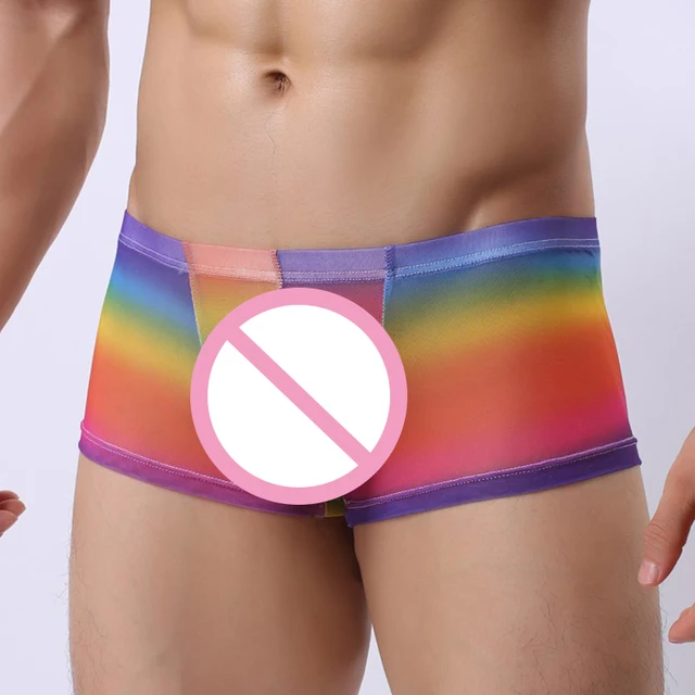 New Mens sexy underwear Mens fashion Rose &rainbow print gauze breathable Low-waisted U convex Boxers shorts Male underpants -