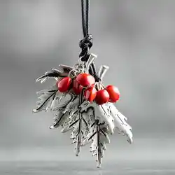 Vintage Long Leather Chain Necklace with Handmade Red Beans and Leaf Pendant Jewelry - Other (Necklace)
