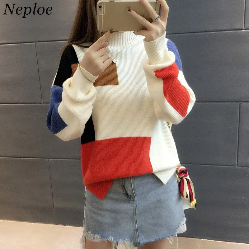 

Neploe Half Turtleneck Women Sweaters Korean Fashion Geometric Patchwork Pullovers Casual Loose Long Sleeve Knitwear 66084
