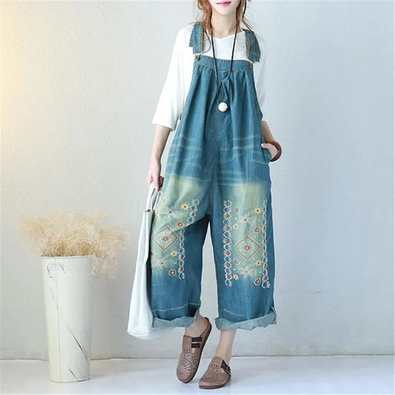 BUYKUD Vintage Embroidered Denim Jumpsuits Jeans Woman Backless Overalls Women Suspenders Wide leg Pants Bib Boots jumpsuits
