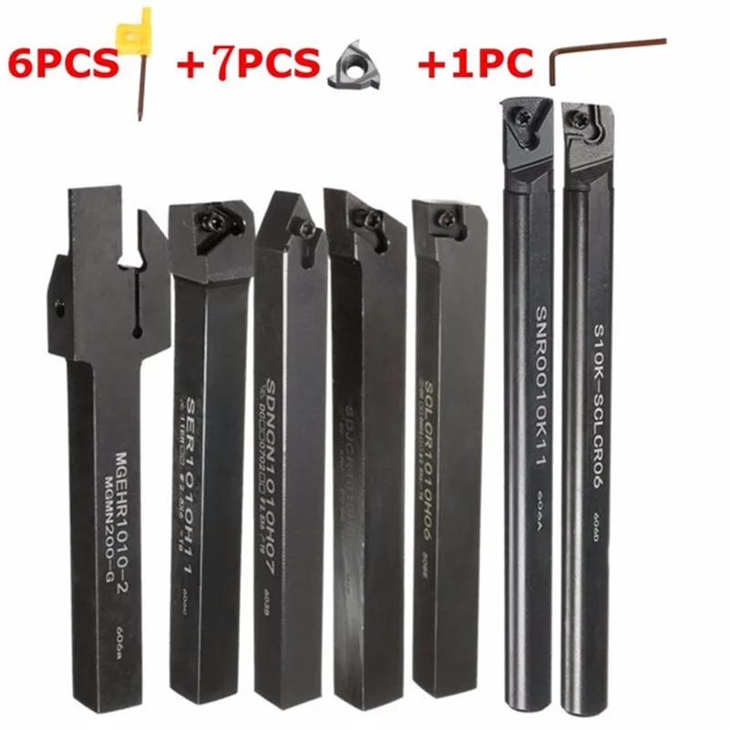 

6pcs Good Precision Lathe Turning Tool Holder Boring Bar 10mm Shank + 7pcs Carbide PVD Inserts Blade Set + 1pcs Wrenches