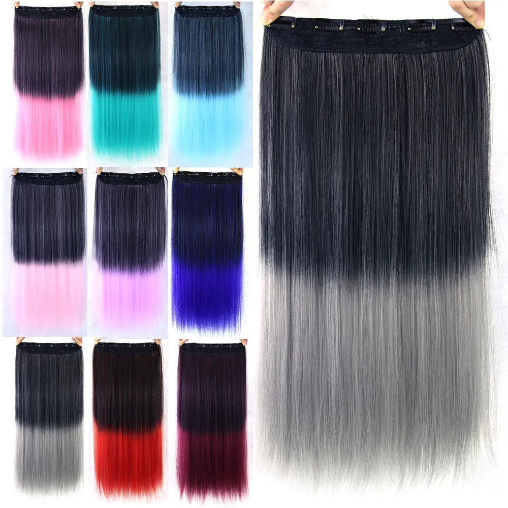 Cheap 4/5 Clips Heat Resistant Fiber Synthetic Hair Extensions Long Straight Mix-color Hair Women Gradient Hair Extension