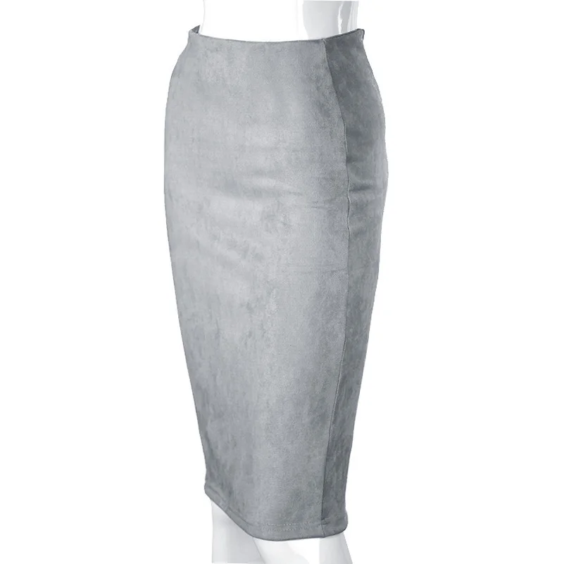 Light Grey SheBlingBling, юбки в стиле ампир, весенние, искусственная замша, карандаш, высокая талия, облегающее, с разрезом, плотные, эластичные, сексуальные юбки, длина до колена, размера плюс - Цвет: Light Grey