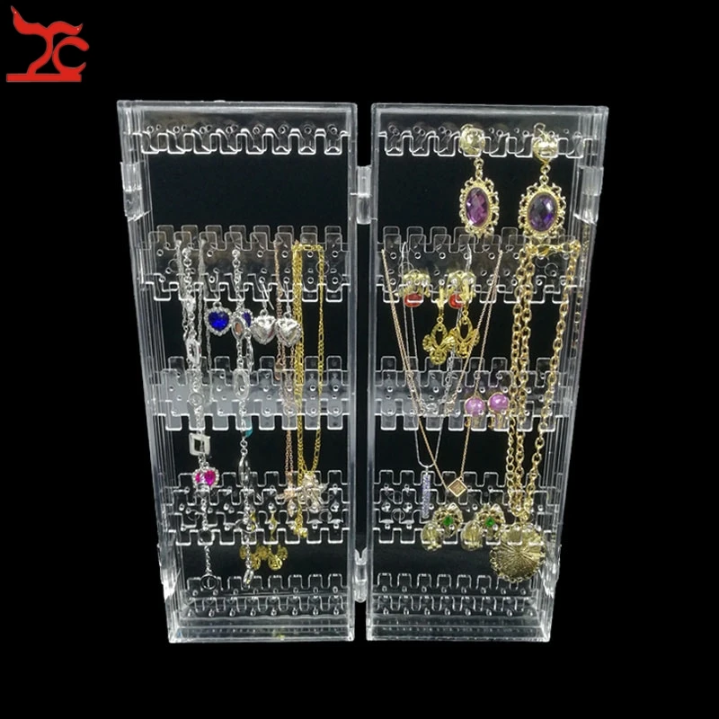 Foldable 4 Panel Clear Acrylic Makeup Jewelry Organizer Holder 256 Holes Earring Stud Necklace Bracelet Case Cabinet Stand Shelf