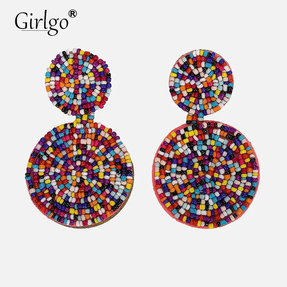 

Girlgo Summer Elegant Round Shape Beaded Dangle Drop Earrings Women Multicolor Pendent Statement Earrings Popular Gifts Jeweley