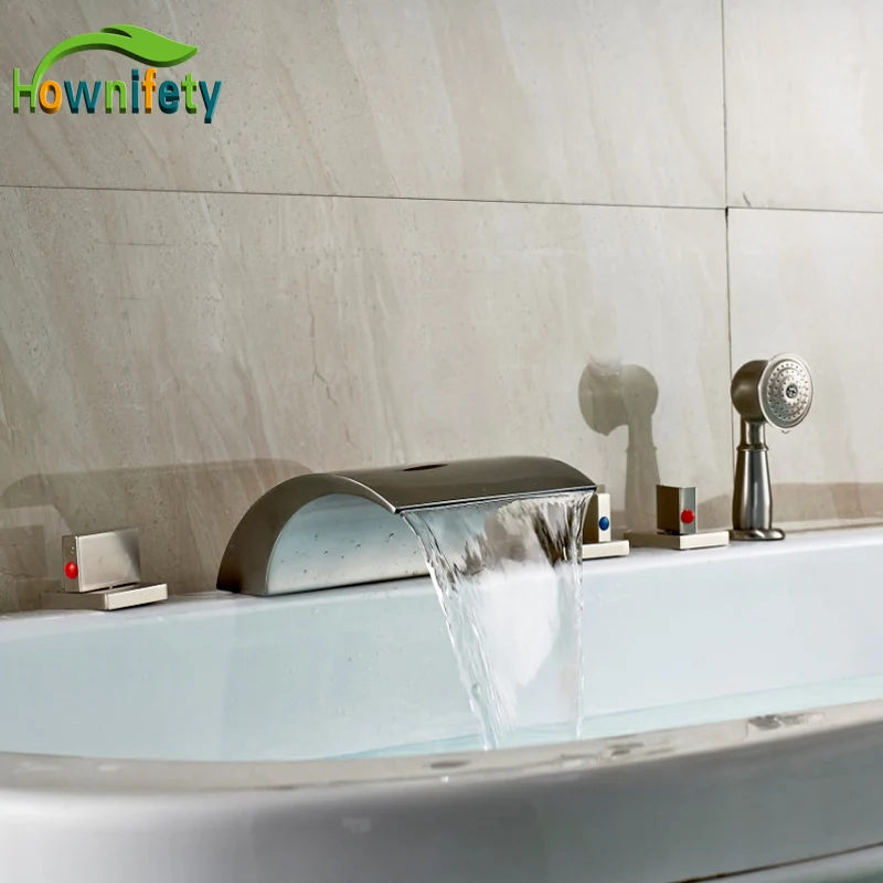 

Brushed Nickel Waterfall Bathroom Tub Faucet Deck Mount Three Handles Mixer Tap