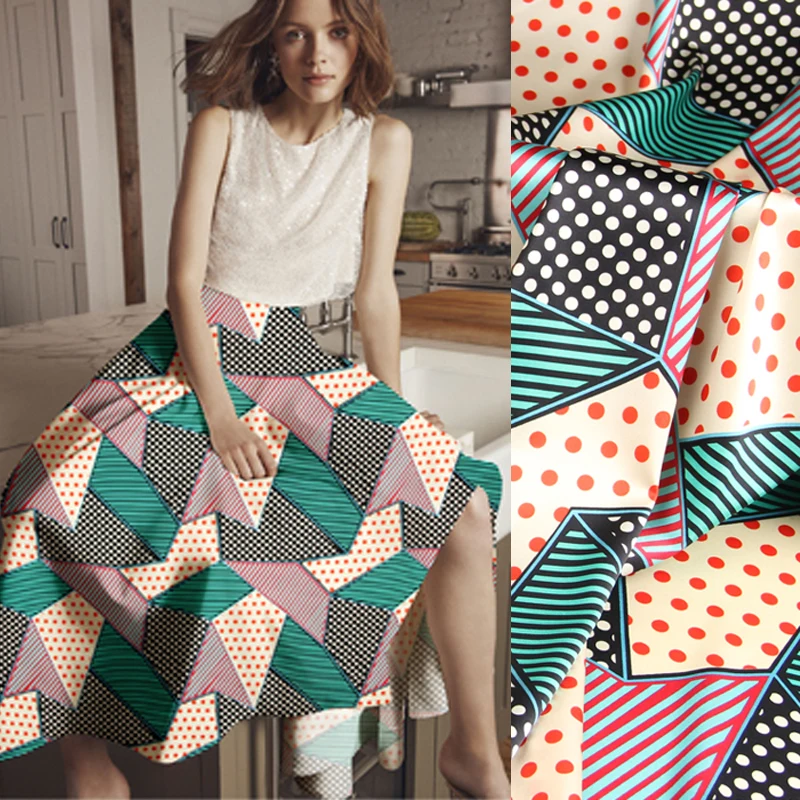 

118CM Wide 19MM Geometry Polka Print 93% Silk & 7% Spandex Stretch Silk Satin Fabric for Summer Dress Jacket D1054