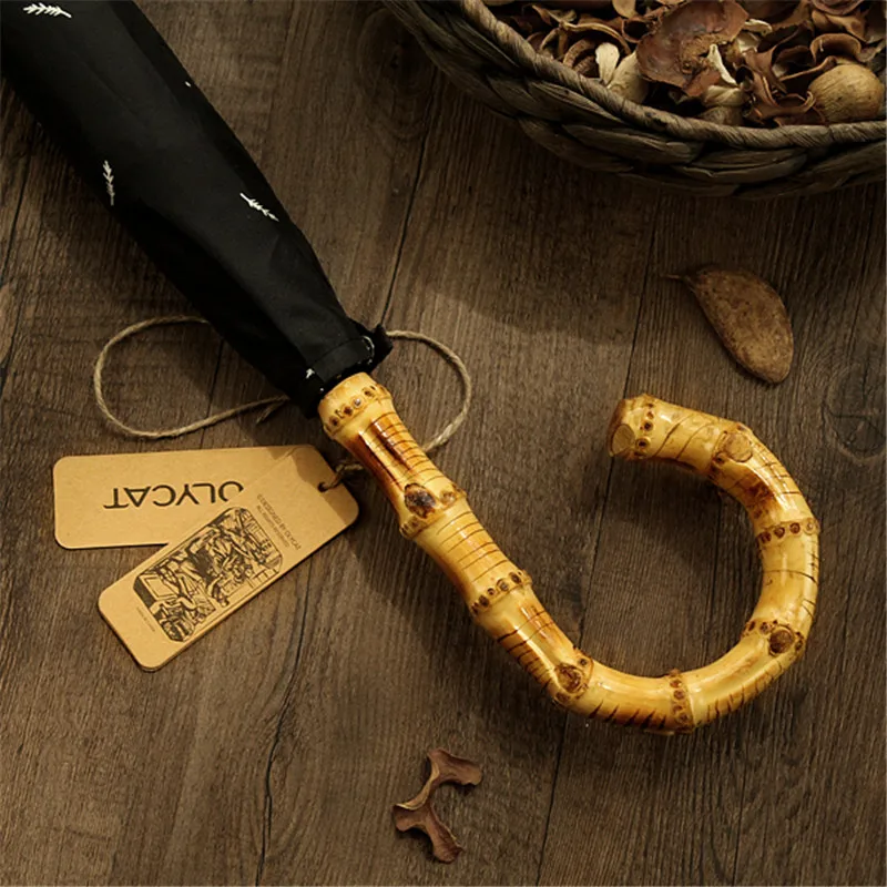 Bamboo Rattan Curved Handle strong windproof Semi automatic long