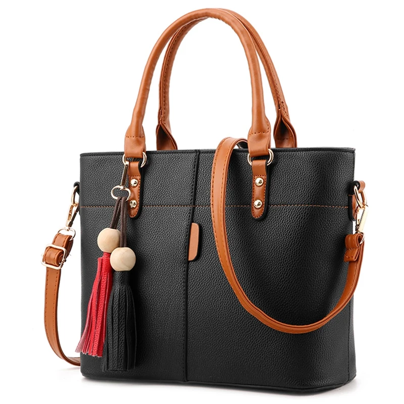 Большой Ёмкость кисточкой сумка Для женщин мягкие кожаные женские сумки Crossbody Курьерские Сумки Женский кошелек сумка (черный)