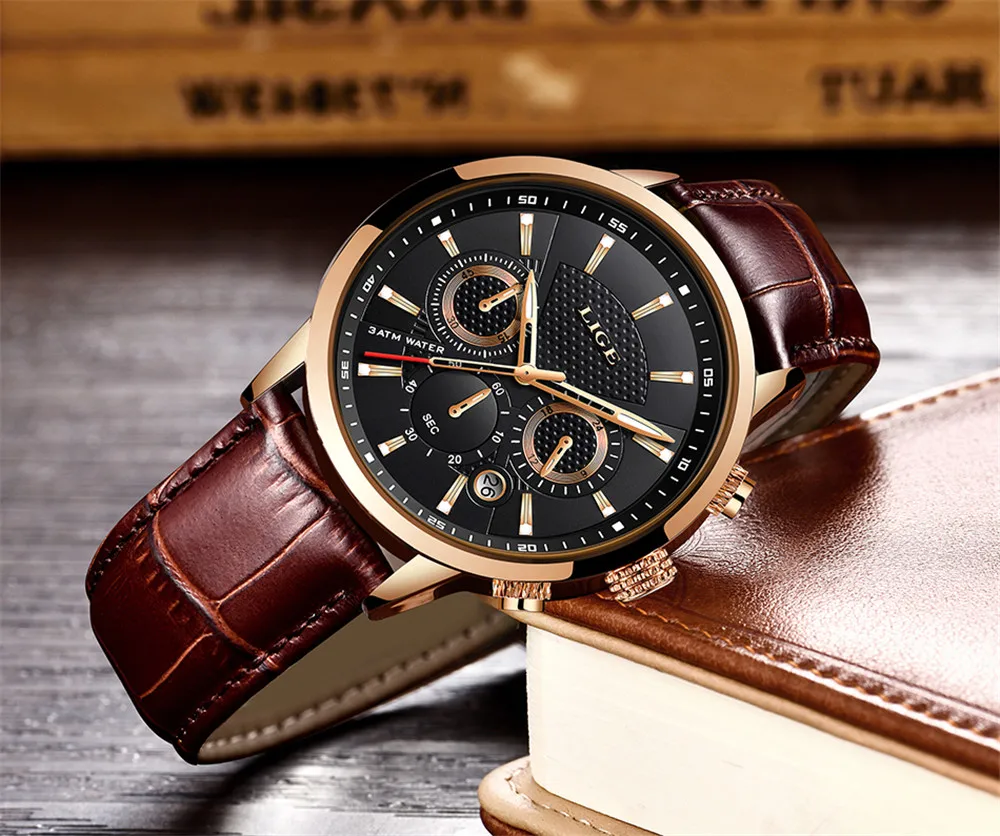 LIGE бизнес спортивный стиль Топ бренд класса люкс кварцевые часы для мужчин коричневый кожаный Хронограф с ремешком белый указатель набора