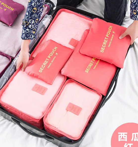6 шт./компл. мода двойной упаковочная сумка с застежкой-молнией из кубиков Водонепроницаемый полиэстер Для мужчин и Для женщин Чемодан дорожные сумки - Цвет: watermelon red