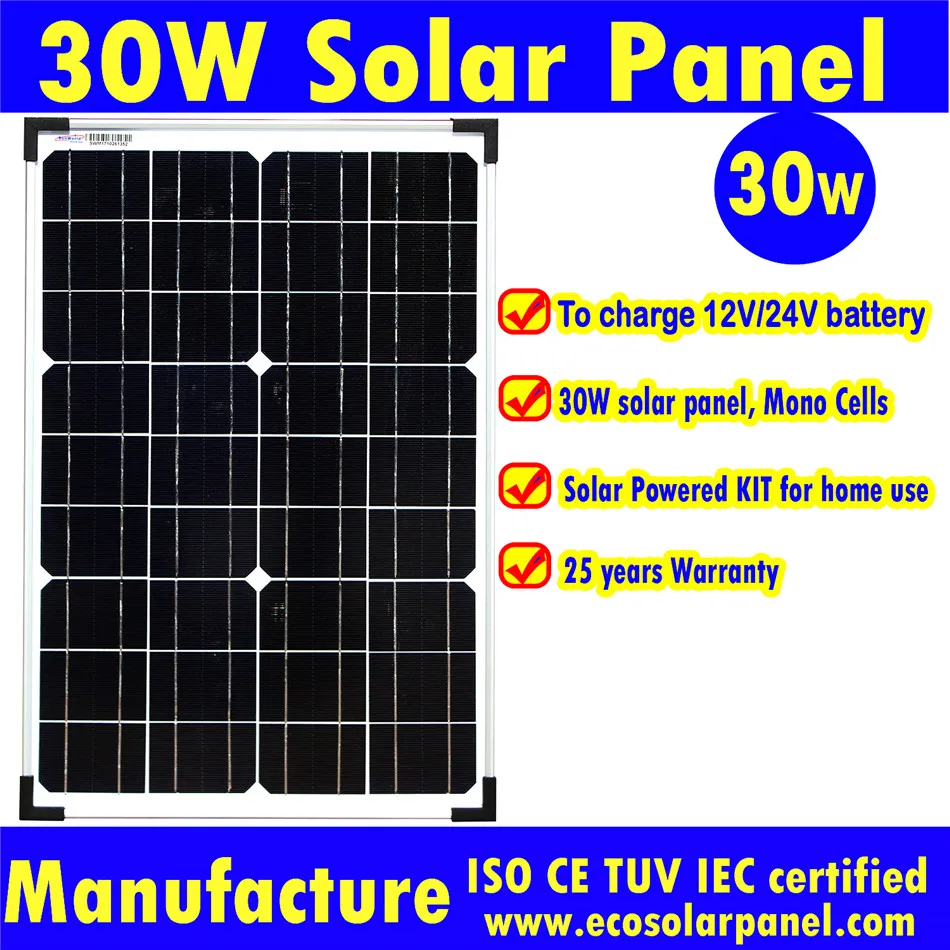 

30W Mono Solar Panel 18V output to charge 12V battery German Made solar cells - High quality from DG SUNWORLD manufacture
