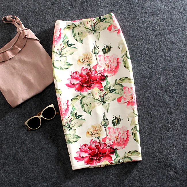 Women Skirts Print Flowers Fashion Pencil Skirt Casual Skirts Plus Size Faldas Mujer Jupe Femme