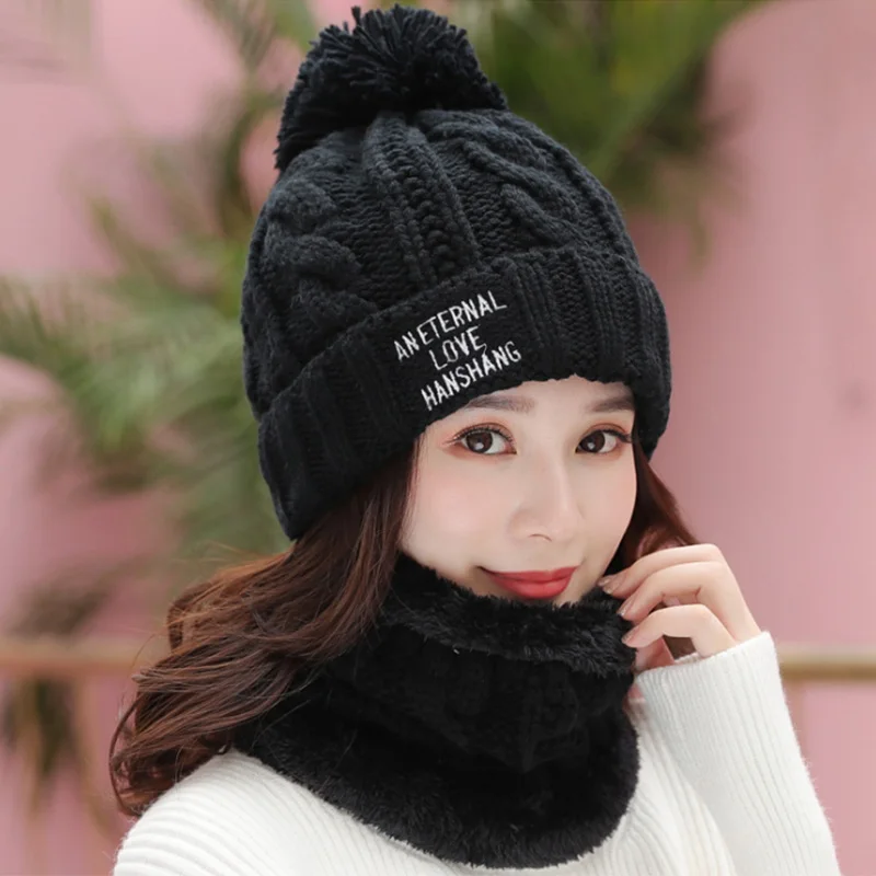 

Elegant Thick Warm Knitting Woolen Cap And Scarfs Set Women Winter Hats Sets Fashion Female Cotton Neckerchief Scarf Hat Caps