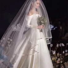 Лента Край свадебная Фата Тюль Длинная фата два Слои свадебная фата, длинная Свадебные вечерние вуаль свадебные аксессуары