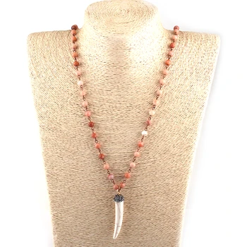 

Free Shipping Fashion Bohemian Tribal Jewelry 6mm Semi Precious Stones Rosary Chain Ox Horn Pendant Necklace