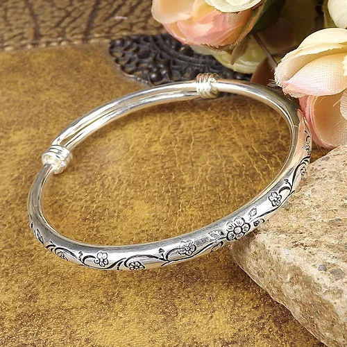 Gypsy Bohemian Vintage Retro Silver Color Bangles Women Classic Handmade Tibetan Carved Plum Cuff Bracelets 6cm Diameter bangle bracelet