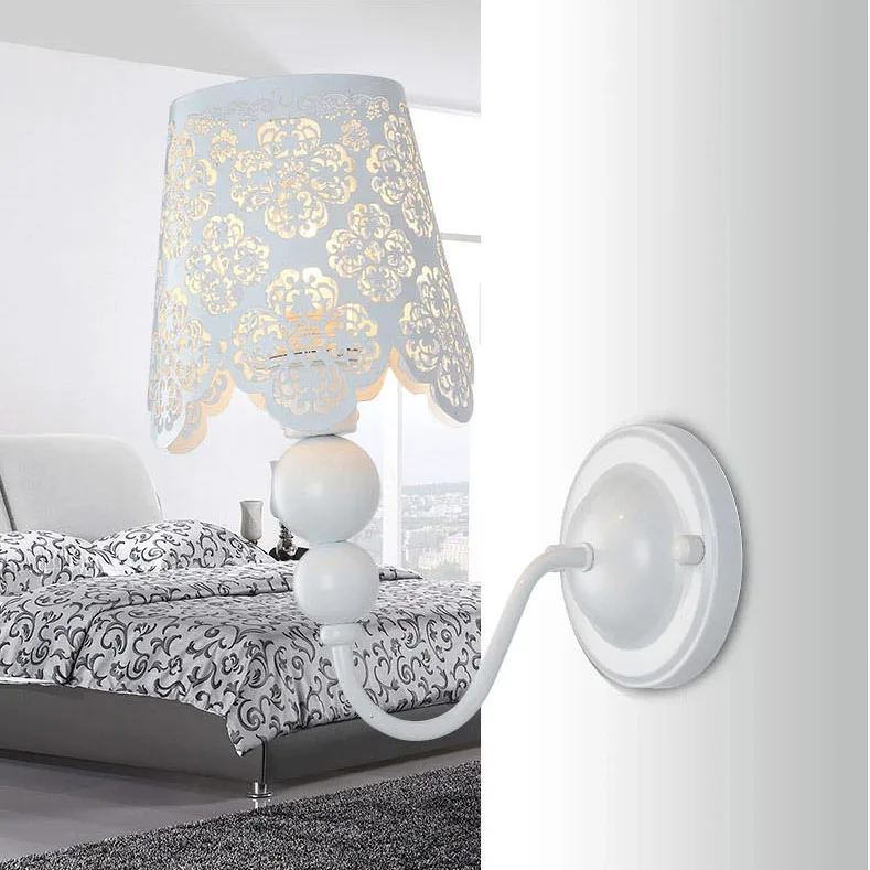 

White wrought iron carving lampshade garden style wall lamp living room bedroom bedside