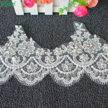 

YACKALASI White Bridal Wedding Lace Sequined Appliqued Scalloped Beaded 3D Flower Embroidered Sewing Trims For Dress 13.5cm